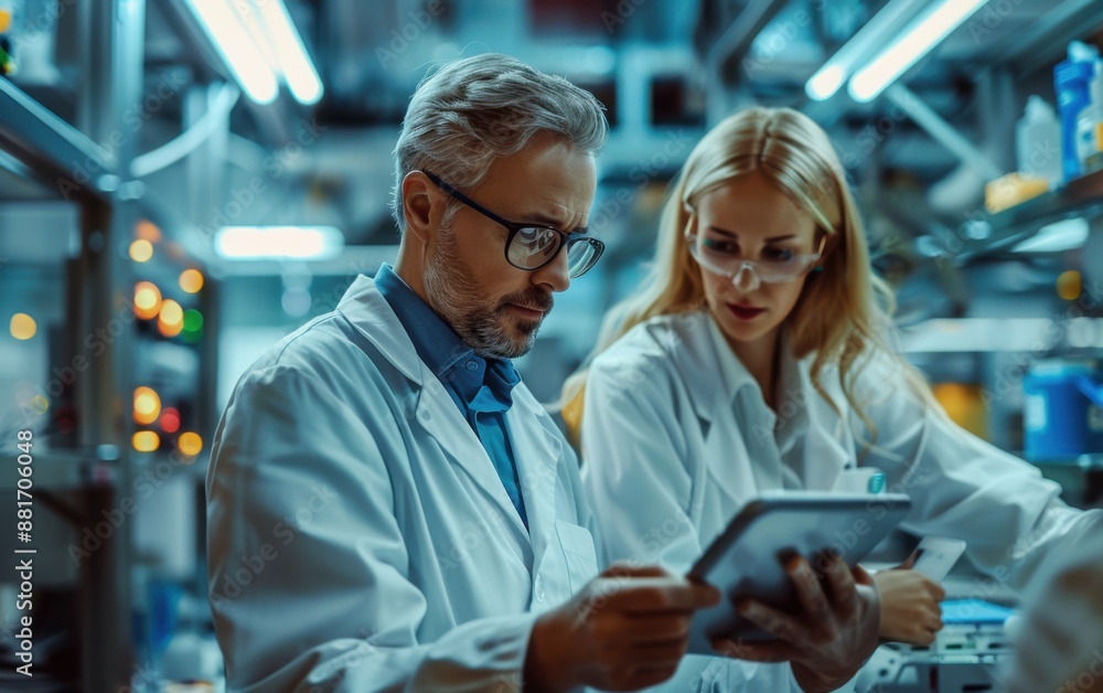 Poster two scientists are looking at a tablet in a lab. one of them is wearing glasses. the tablet is displ