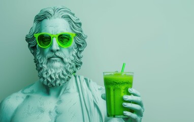 A statue of a man holding a green drink with a straw. The statue is wearing sunglasses and has a beard