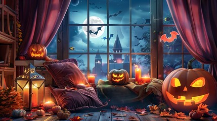 Naklejka premium Jack-O-Lantern Before Haunted House
