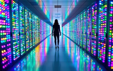 A woman walks through a brightly lit room with many colorful lights. The room is filled with neon lights and the woman is the only person in the scene