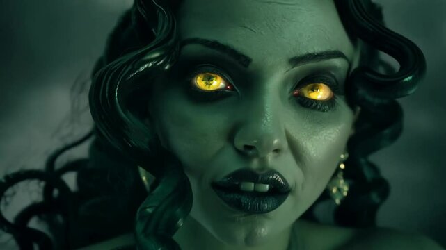Enigmatic woman with snake hair and glowing eyes in a mythical concept