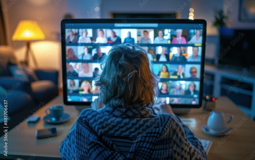 Poster a woman is sitting in front of a computer monitor with a group of people on the screen. she is typin