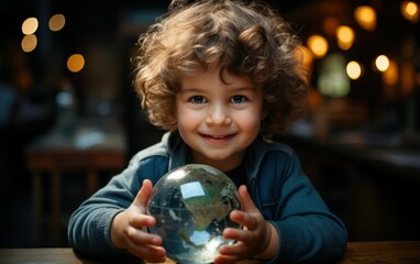 A young child is holding a globe in his hands and smiling. Concept of curiosity and wonder about the world