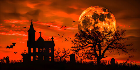 Haunted Mansion Under Blood Moon  Spooky Halloween Night with Creepy Atmosphere, Bats, and Silhouetted Trees