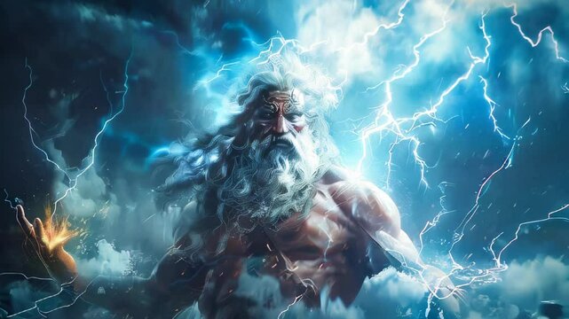 Zeus, the Greek god of thunder, surrounded by lightnings