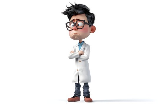 Grumpy Young Biologist in Irritable Workplace Cartoon Character Render