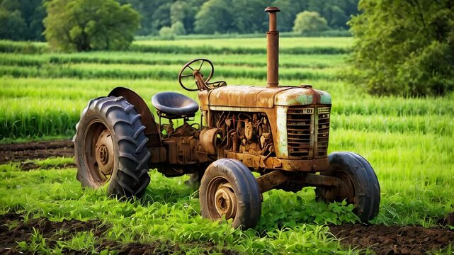 An old rusty tractor on a green field