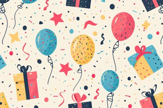 Colorful birthday pattern featuring balloons, stars, and presents.
