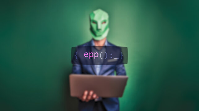 Cybersecurity concept epp on foreground screen, hacker silhouette hidden with low poly style mask. Vulnerability and attack on colored code editor. Text in English, ENDPOINT PROTECTION PLATFORM
