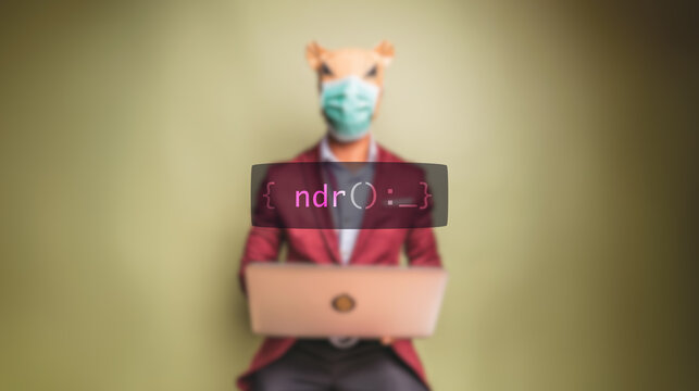 Cybersecurity concept ndr on foreground screen, hacker silhouette hidden with low poly style mask. Vulnerability and attack on colored code editor. Text in English, non delivery rate of the order