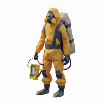 3D Render, Low Poly style of a survivor wearing a radiation suit and carrying a Geiger counter, on isolated white background, Generative AI