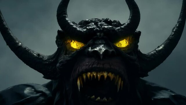 Intimidating demon mask with glowing eyes against dark background