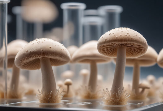 Close-up of a microdosing growing mushrooms In Vitro, blurred background