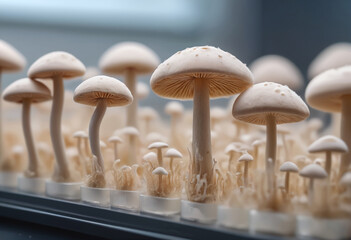 Close-up of a microdosing growing mushrooms In Vitro, blurred background