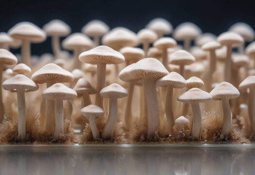 Close-up of a microdosing growing mushrooms In Vitro, blurred background