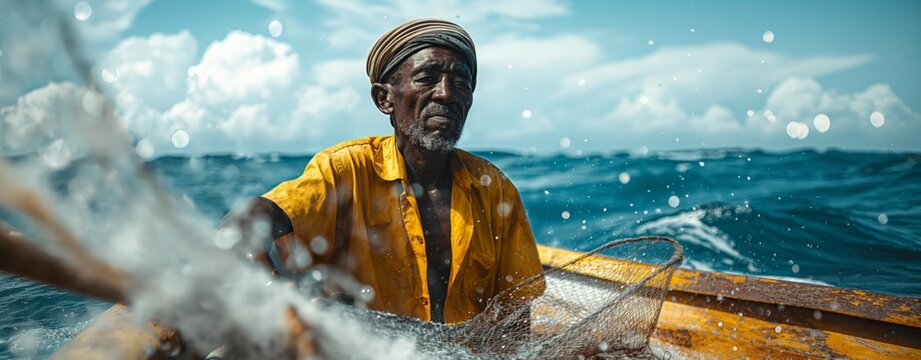 Southeast Asian local fisherman casting net into the ocean with water splash against sunlight, simplicity lifestyle 