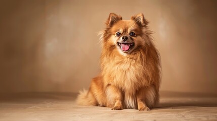 Smiling Pomeranian Dog Sitting on a Beige Surface