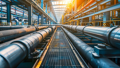 Steel pipelines and cables in factory interior as chemical industry background concept