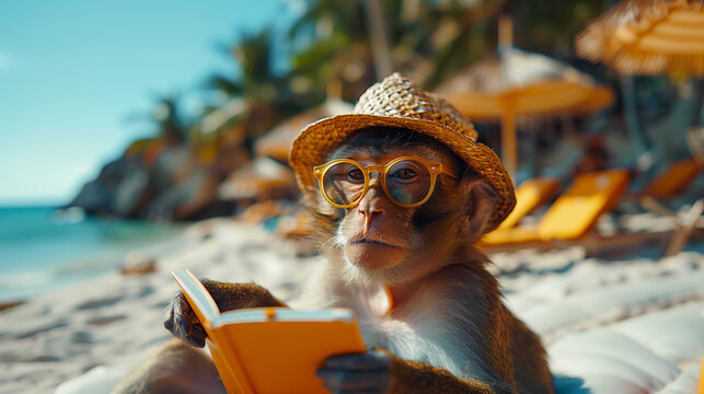 Smart monkey wearing glasses and straw hat, reading a book on a beach with ocean in background. Tropical vacation, beach, travel, cruise, summer, relaxation, animals, ocean, fun, leisure, wildlife.