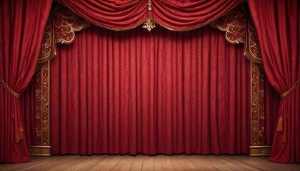 Fototapeta premium Red theater curtain on a wooden floor as a backdrop