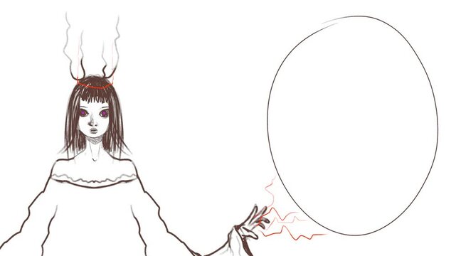 A sorceress or girl with a demonic essence shoots lightning from her palm. Next to the character there is a round frame for inserting text or other content.