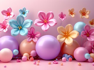 3D Fantasy bright flowers balloon flowers on pink background.
