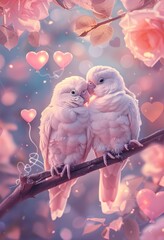 Two Lovebirds Perched on a Branch with Hearts in the Air
