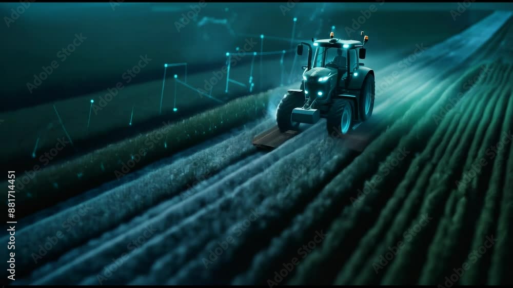 Poster Aerial view of a farm landscape with a tractor and a futuristic HUD drone user interface in the dark, showing grain in the processing process.