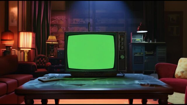 You can start the video by turning on a retro TV with noise at the beginning, and then switch to a green screen. The video can be vertically oriented for social media, and can be rendered in 3D..