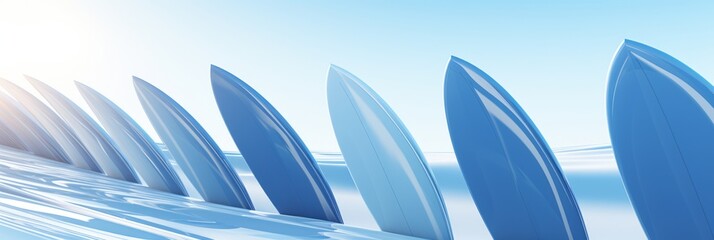 A row of blue surfboards are lined up on the beach at sunset, facing the ocean