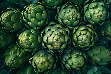 Fototapeta premium A pile of green artichokes shaped like the letter, viewed from above in closeup, with a macro lens highlighting the texture in bright colors against a fresh, vibrant background in a symmetrical compos
