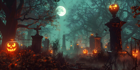 Eerie Halloween Graveyard with Glowing Jack-O'-Lanterns  Spooky Full Moon Night Featuring Fog and Creepy Atmosphere