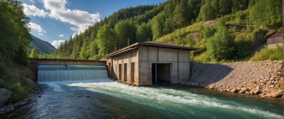 Fototapeta premium Rendering of a small hydroelectric power station on a mountain river with clear water and green hills around
