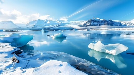 Serene view of the jokulsarlon glacier lagoon in iceland, featuring vivid blue icebergs against a backdrop of snowy mountains under a clear sky. 