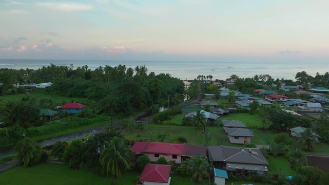 Jeep boat trailer sunrise early morning Teahupoo Tahiti French Polynesia static aerial drone end of the road Olympic venue new pedestrian bridge judge tower surf village coastline Pass Havea reef