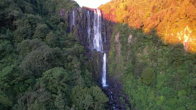 Wairere Falls Highest Waterfall On The Waikato Track Near Matamata, North Island, New Zealand. Aerial Shot