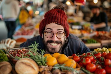 Obraz premium Photo of a happy hipster man with a red beanie at a market table full of bohemian food, looking at the camera over his glasses, smiling and posing for the photo, with a bokeh background, and colorful 