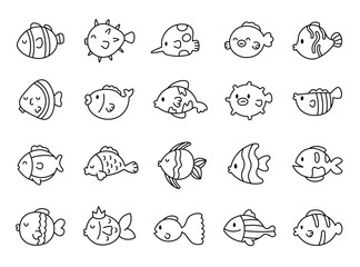Different funny cartoon fishes. Coloring Page. Cute underwater animals. Hand style. Vector drawing. Collection of design elements.