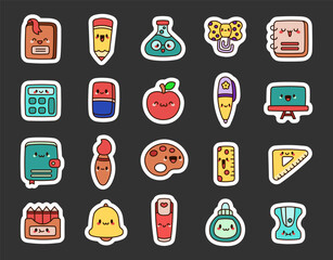 Cute kawaii school supplies with funny faces. Sticker Bookmark. Adorable cartoon characters for studying. Hand drawn style. Vector drawing. Collection of design elements.