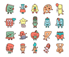 Cute kawaii school supplies. Funny cartoon characters for studying. Hand drawn style. Vector drawing. Collection of design elements.
