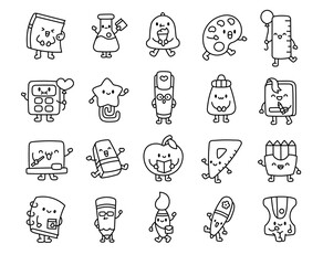 Cute kawaii school supplies. Coloring Page. Funny cartoon characters for studying. Hand drawn style. Vector drawing. Collection of design elements.