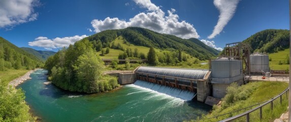 Rendering of a small hydroelectric power station on a mountain river with clear water and green hills around