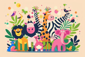 Naklejka premium Cute cartoon animals in the jungle adventure illustration for children's book displaying fun playful wildlife nature scene