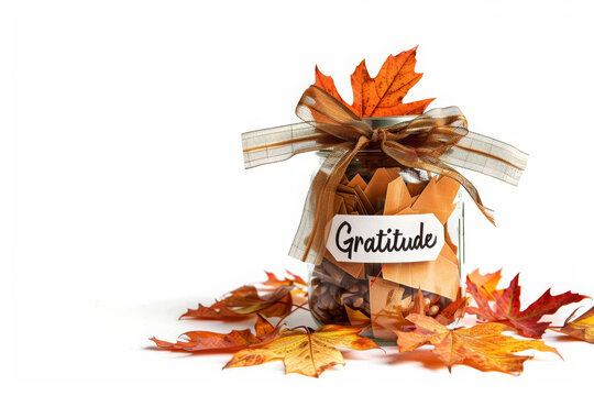 hanksgiving gratitude jar, a mason jar with a handwritten "Gratitude" label, filled with folded paper notes, and decorated with a ribbon and autumn leaves, isolated white background.
