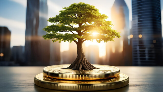 financial developments and business growth with a growing tree on a coin