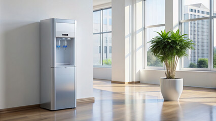 Modern sleek water cooler stands alone against a clean white wall, infused with natural light, promoting employee comfort, health, and hydration in a contemporary office setting.