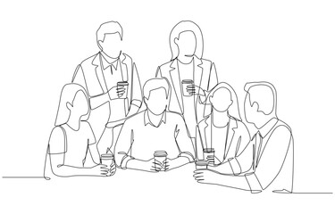 Continuous one line drawing of office workers holding coffee cups and chatting leisurely, coffee break in office concept, single line art.