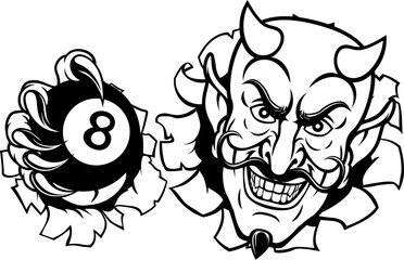 A devil angry mean pool billiards mascot cartoon character holding a black 8 ball.