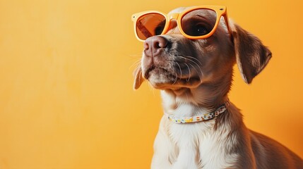 A stylish dog wearing orange sunglasses poses against a vibrant yellow background, exuding cool and trendy vibes.