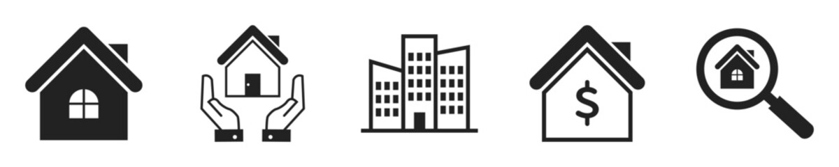 Real estate icon set. Set of 5 outline icons related to real estate. Linear icon collection. Real estate outline icons collection. Editable stroke. Vector illustration.